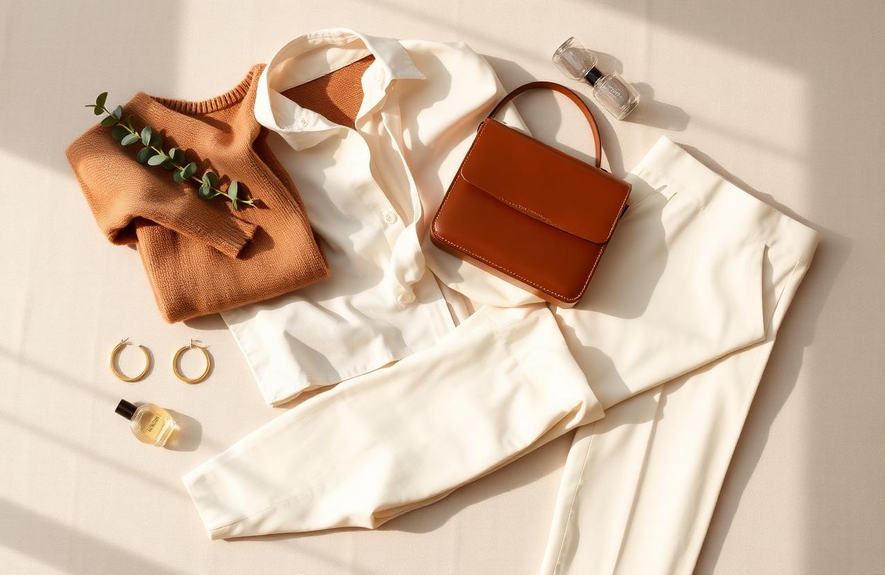 Curated wardrobe edit — camel knit, ivory blouse, tailored trousers and tan leather handbag