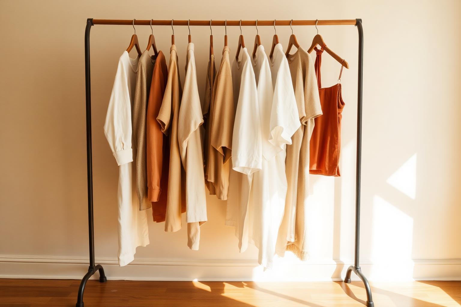 A curated wardrobe rail in cream, sand and clay tones, warm morning light